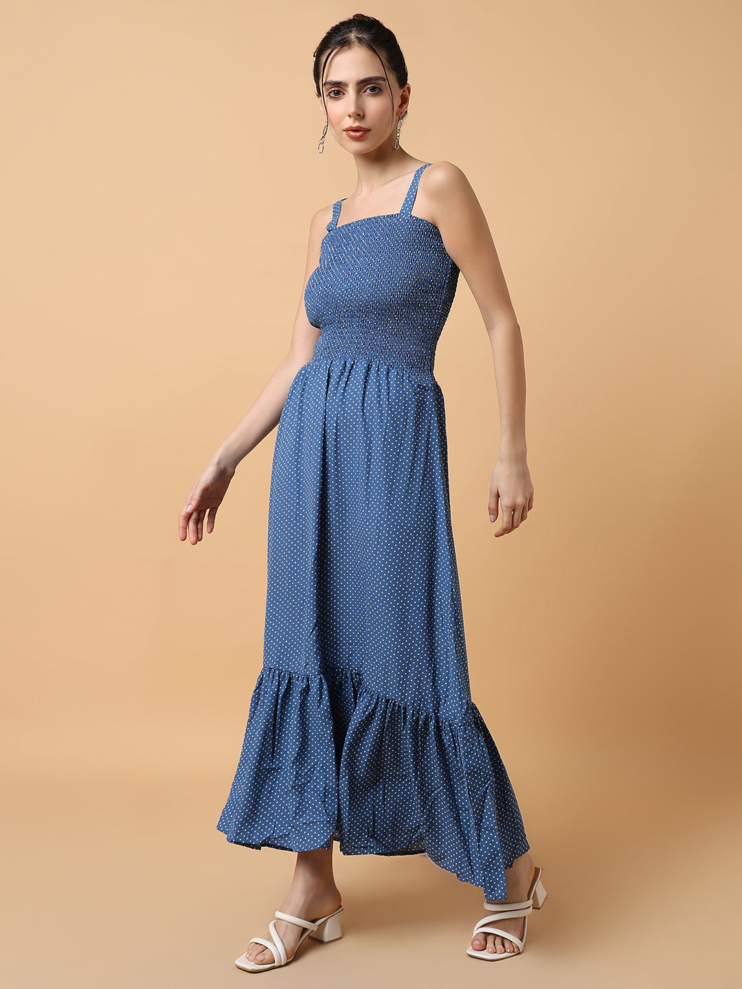 Women's Blue Polka Dots Fit & Flare Midi Dress