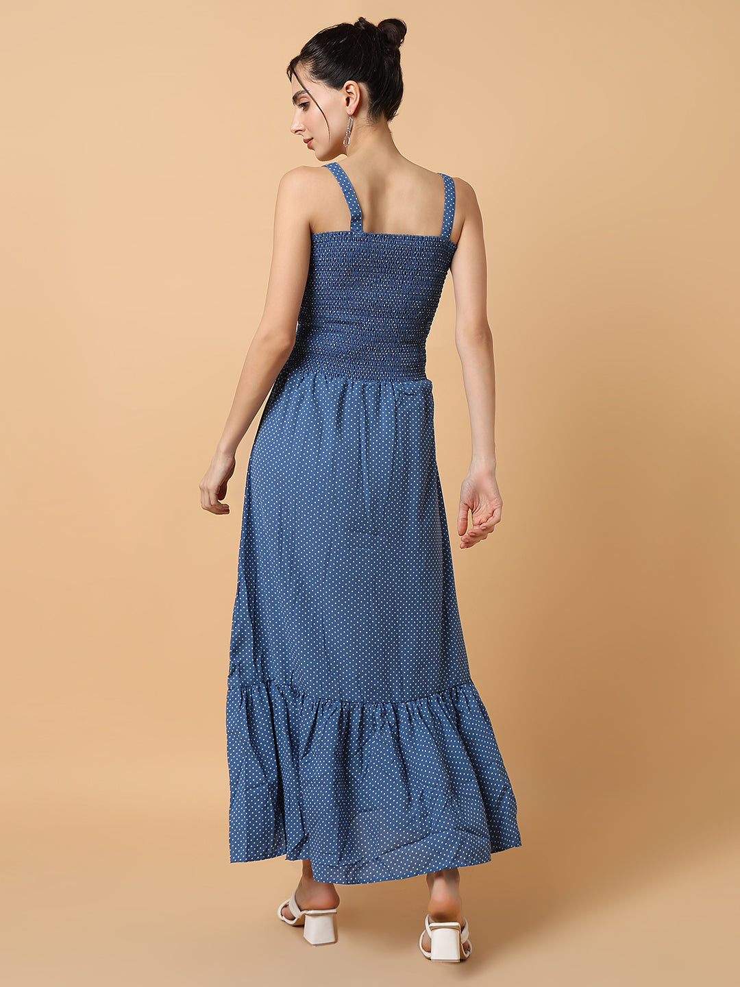 Women's Blue Polka Dots Fit & Flare Midi Dress