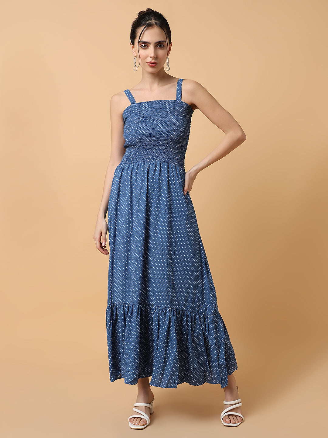 Women's Blue Polka Dots Fit & Flare Midi Dress