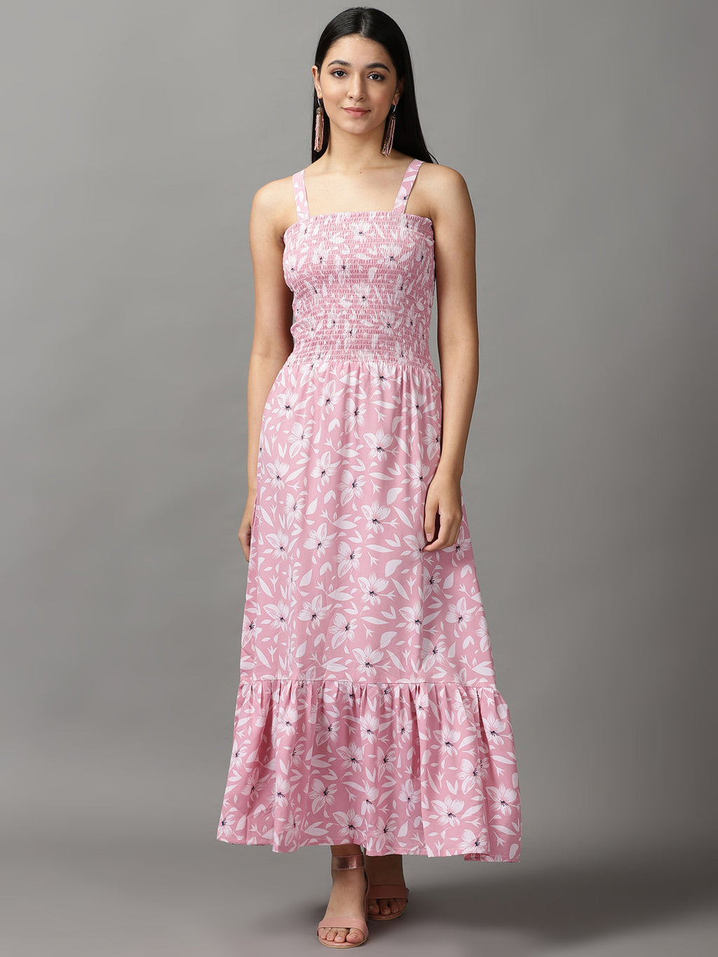 Women's Pink Floral Crepe Fit & Flare Dress
