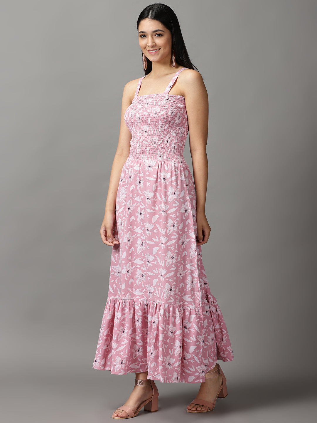 Women's Pink Floral Crepe Fit & Flare Dress