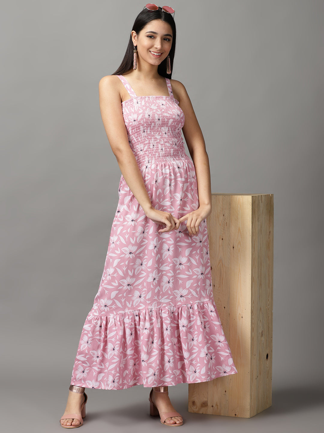 Women's Pink Floral Crepe Fit & Flare Dress
