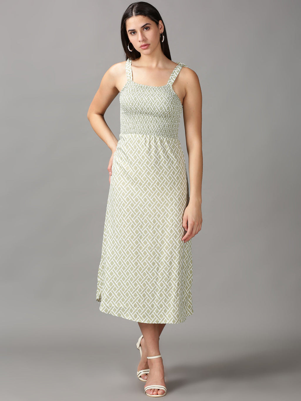 Women's Green Geometric Crepe Fit & Flare Dress