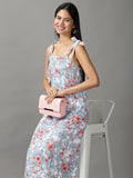 Women's Blue Floral Printed A-Line Midi Dress