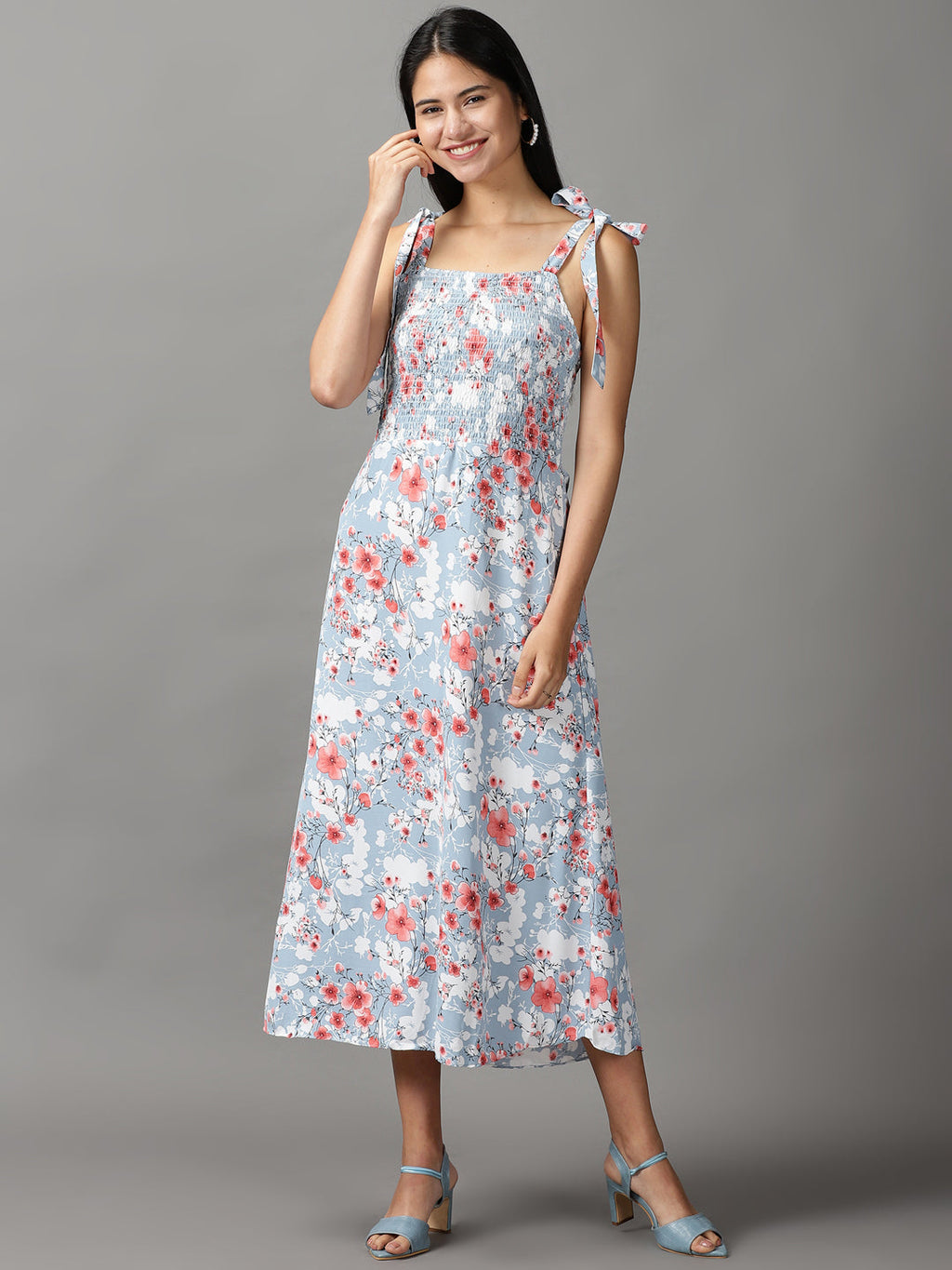 Women's Blue Floral Printed A-Line Midi Dress