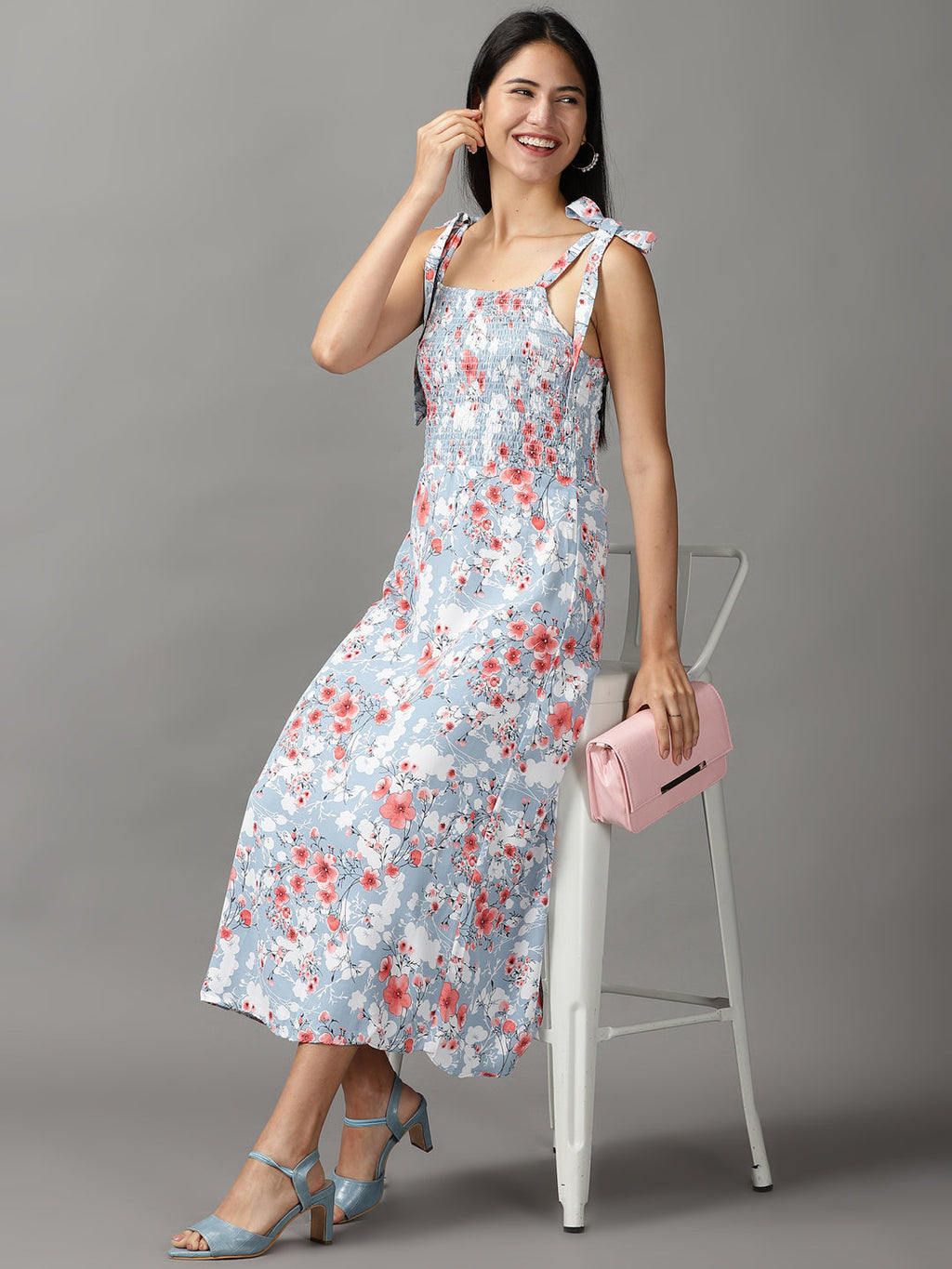 Women's Blue Floral Printed A-Line Midi Dress