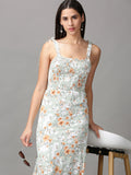Women's Sea Green Floral Chiffon Fit & Flare Dress