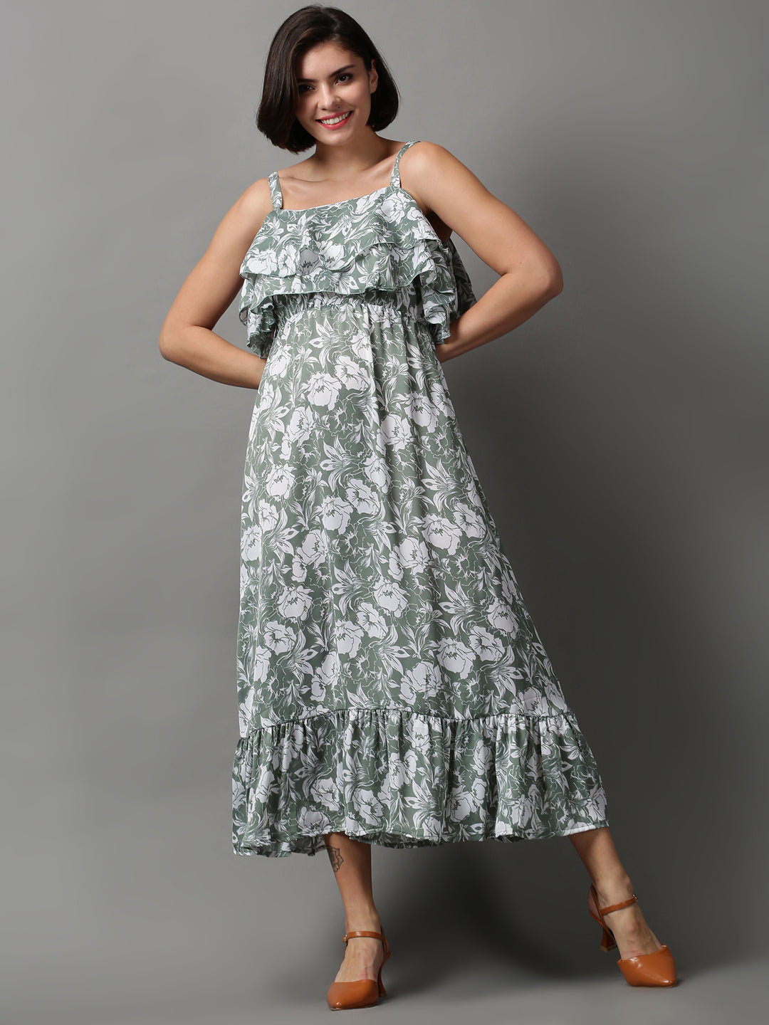 Women's Green Floral Shoulder Strap Crepe A-Line Midi Dress