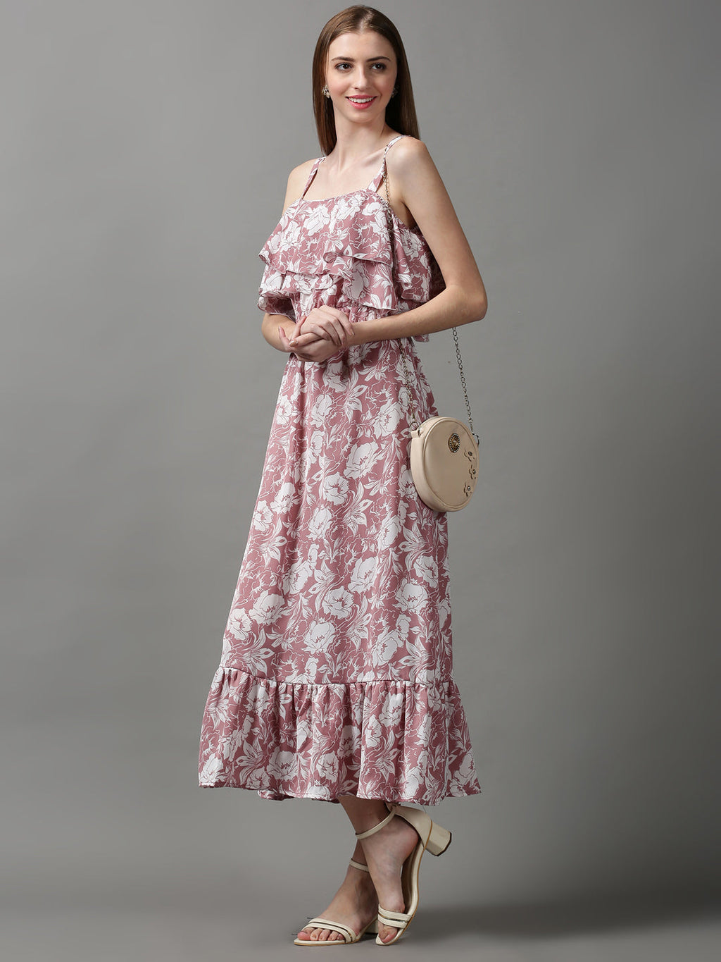 Women's Mauve Shoulder Straps Floral Printed Crepe Maxi Dress