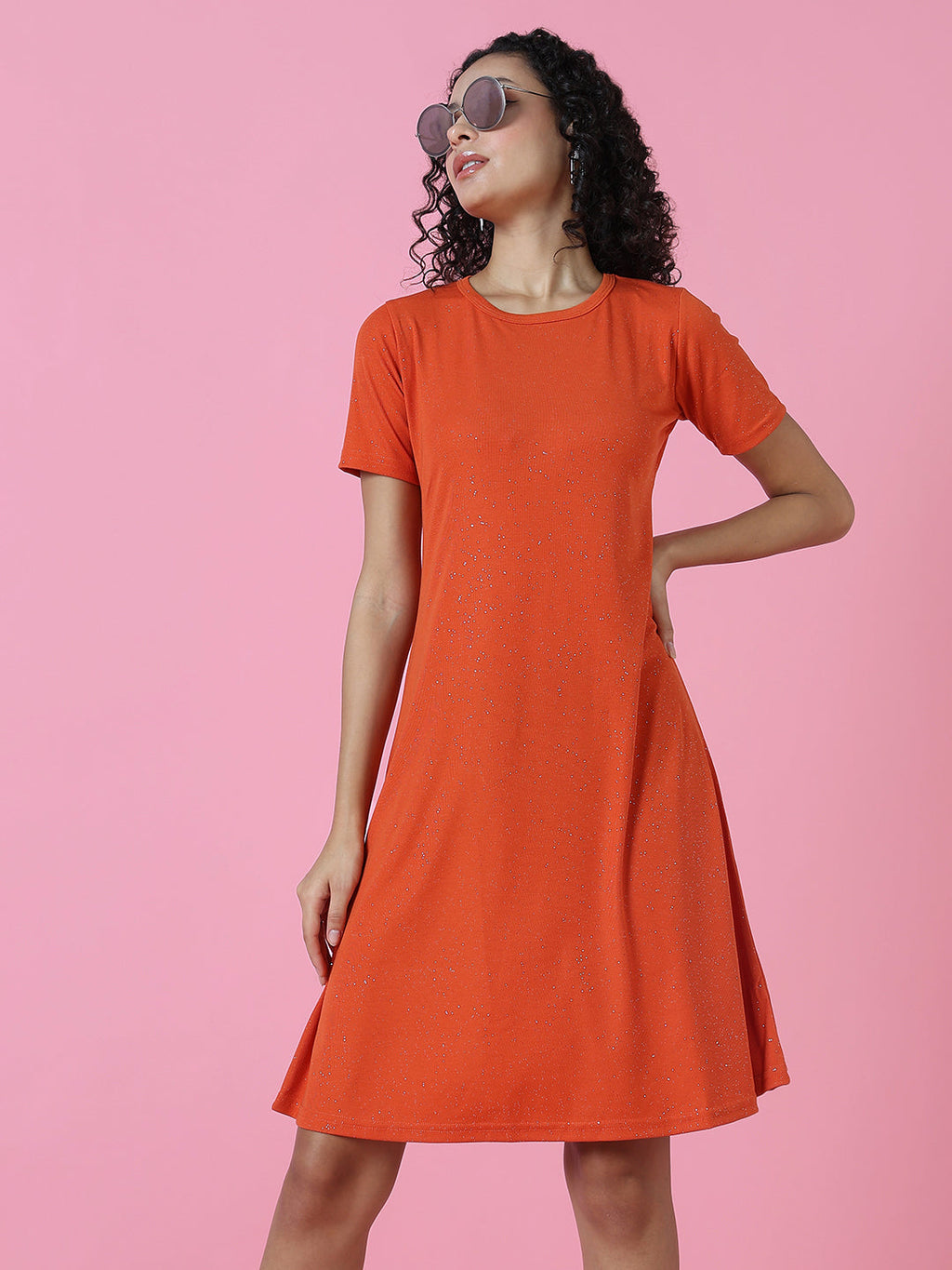 Women's Rust Embellished Round Neck A-Line Dress