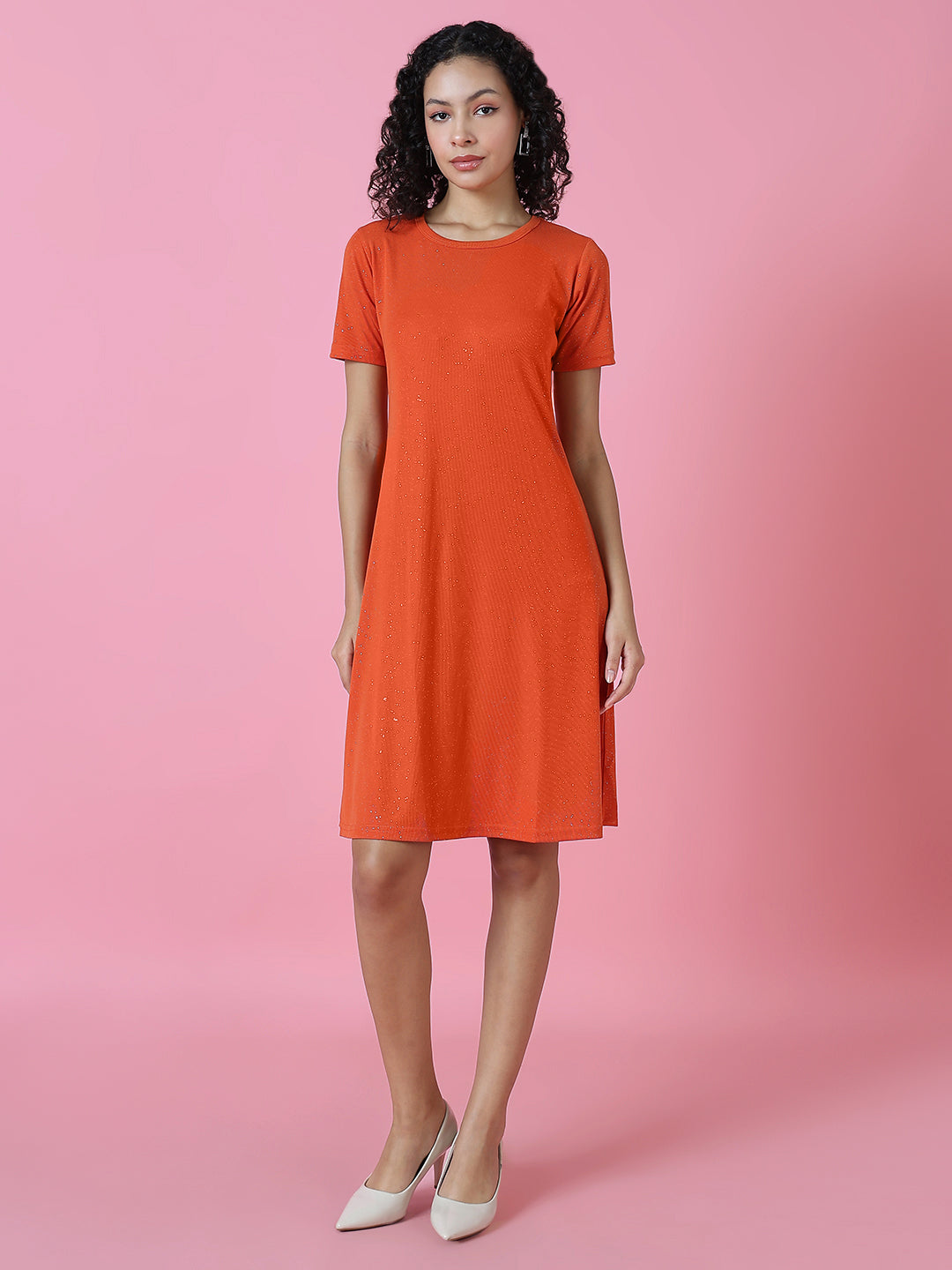 Women's Rust Embellished Round Neck A-Line Dress