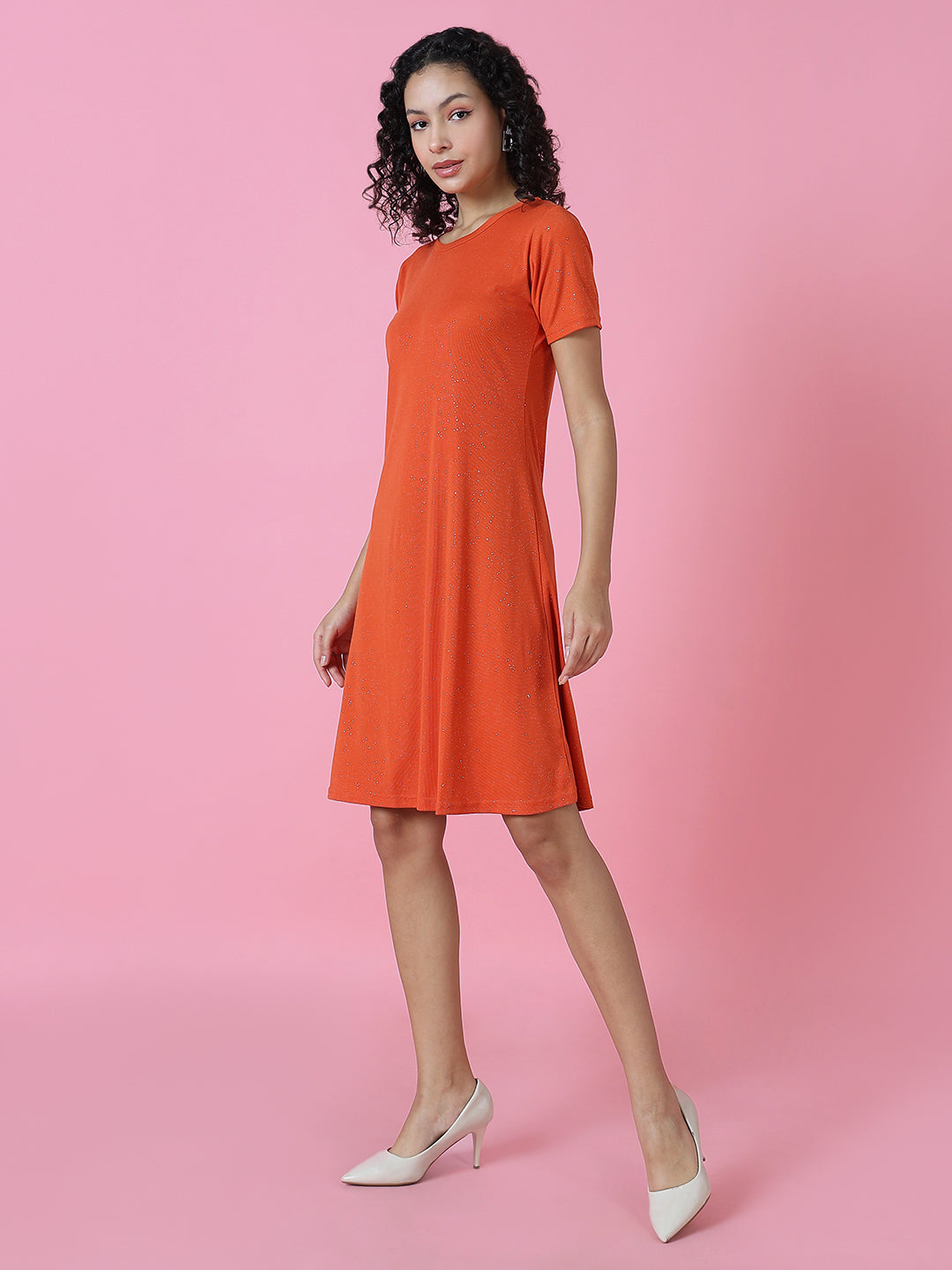 Women's Rust Embellished Round Neck A-Line Dress