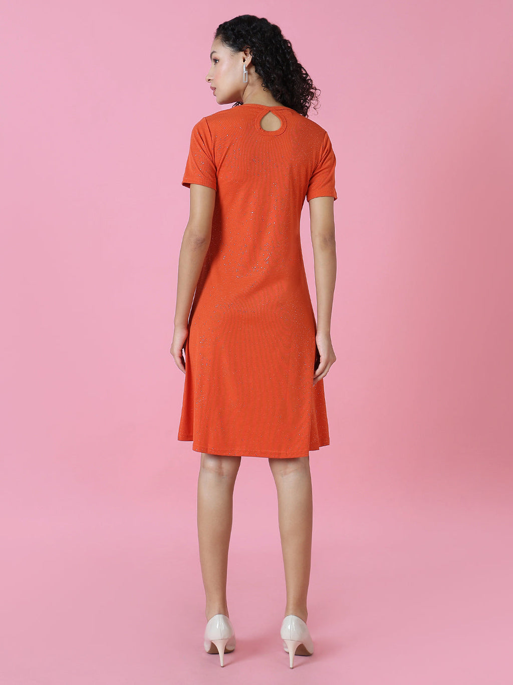 Women's Rust Embellished Round Neck A-Line Dress