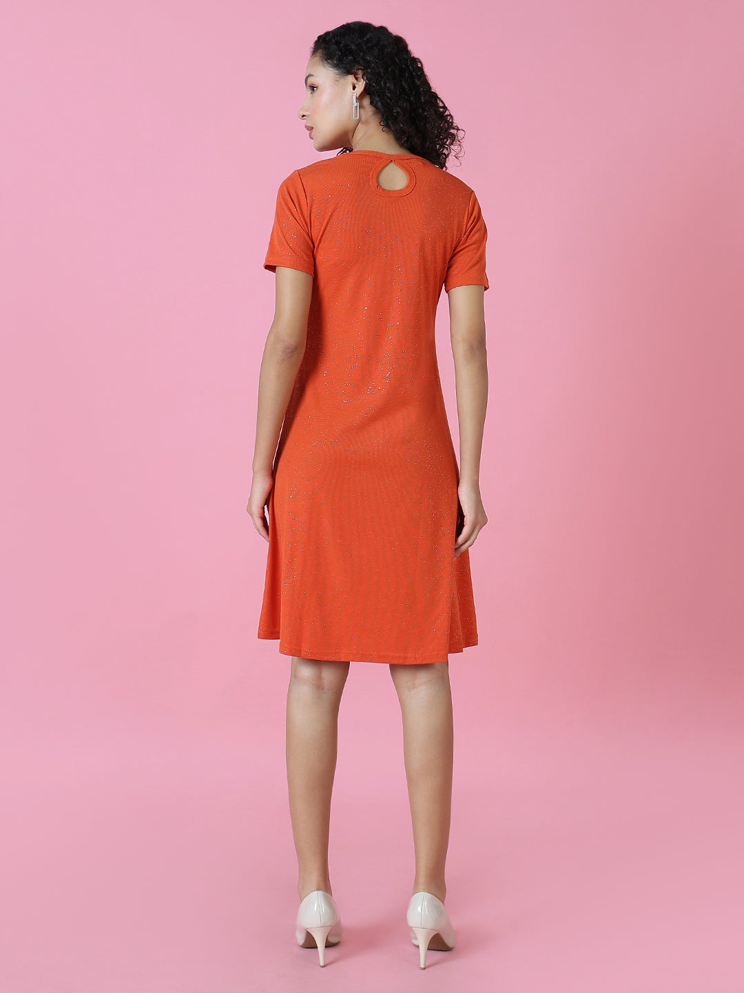 Women's Rust Embellished Round Neck A-Line Dress