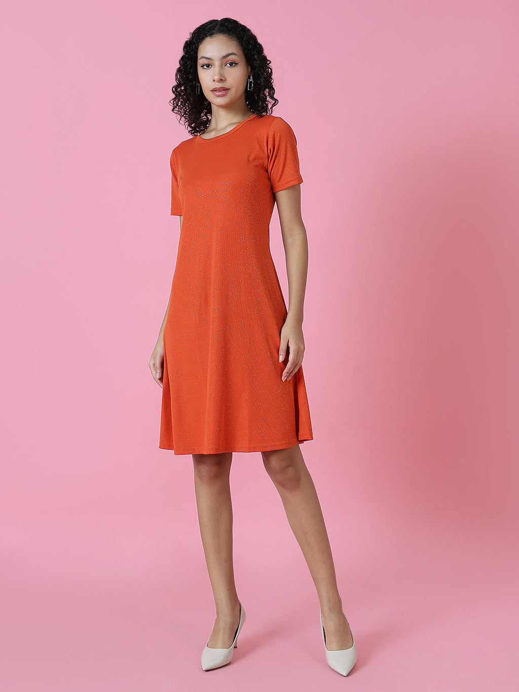 Women's Rust Embellished Round Neck A-Line Dress