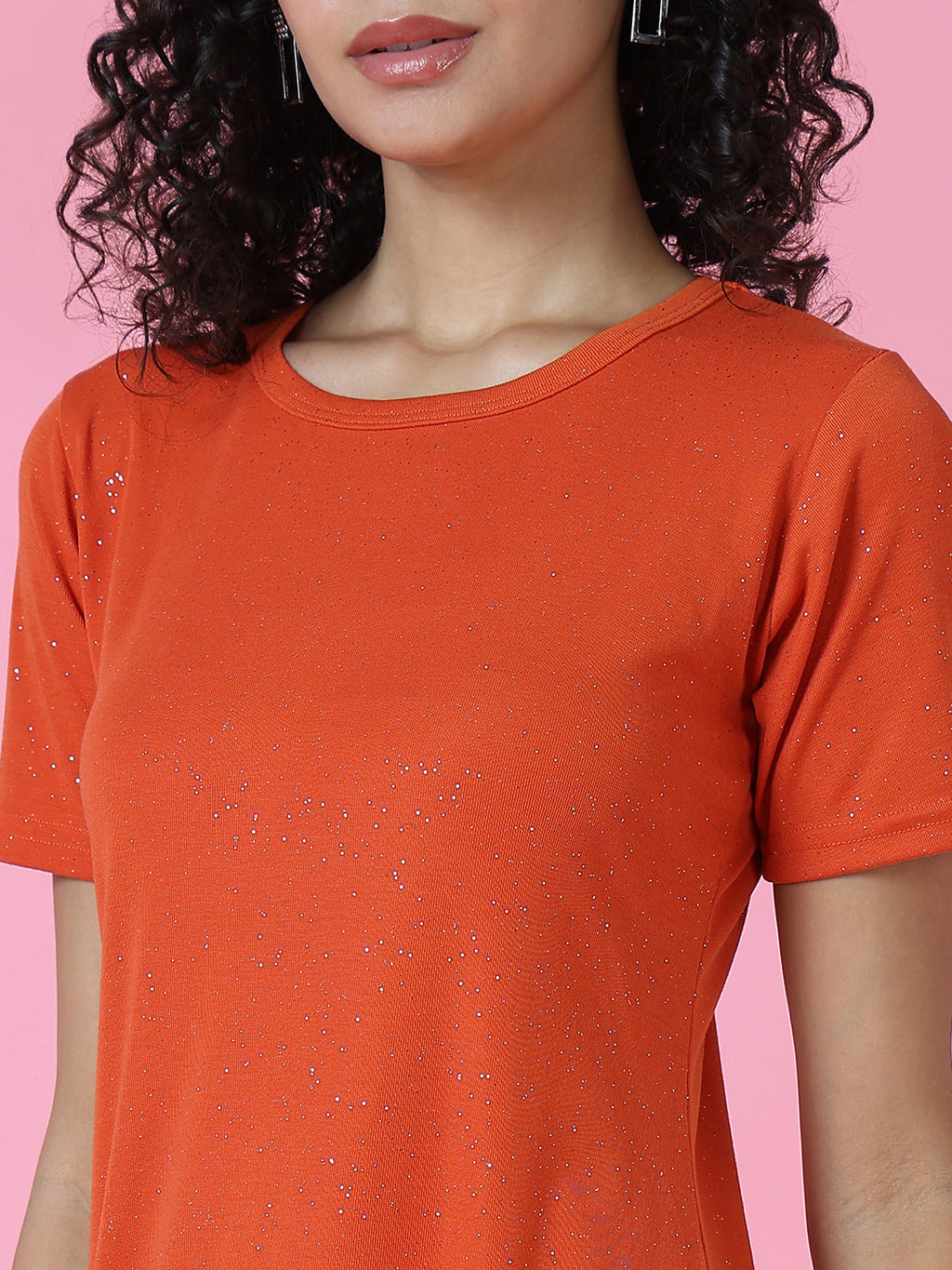 Women's Rust Embellished Round Neck A-Line Dress
