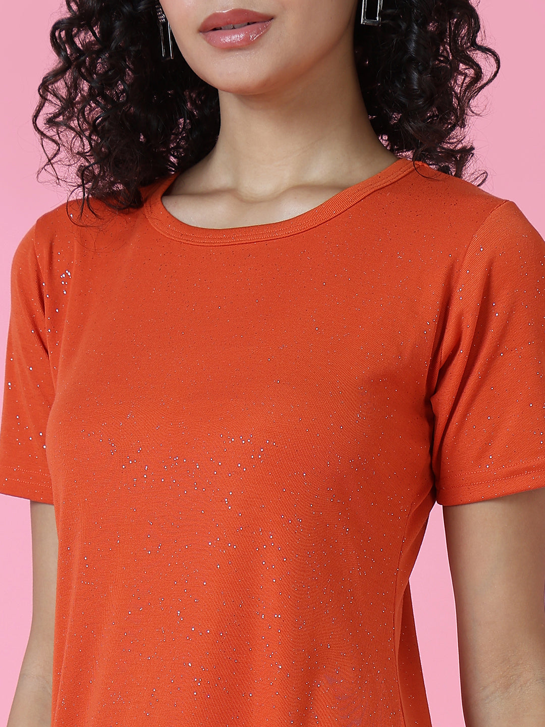 Women's Rust Embellished Round Neck A-Line Dress