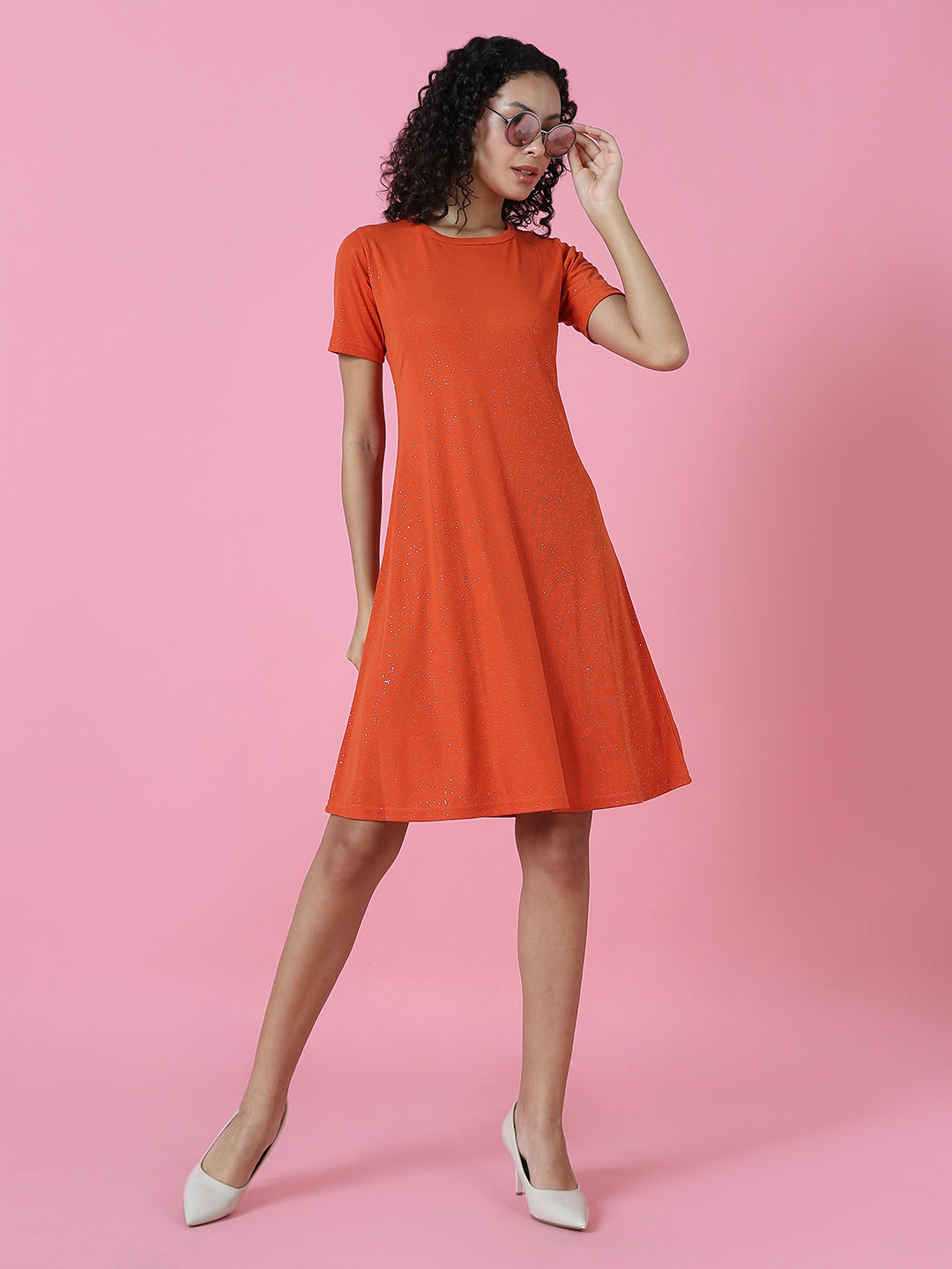 Women's Rust Embellished Round Neck A-Line Dress