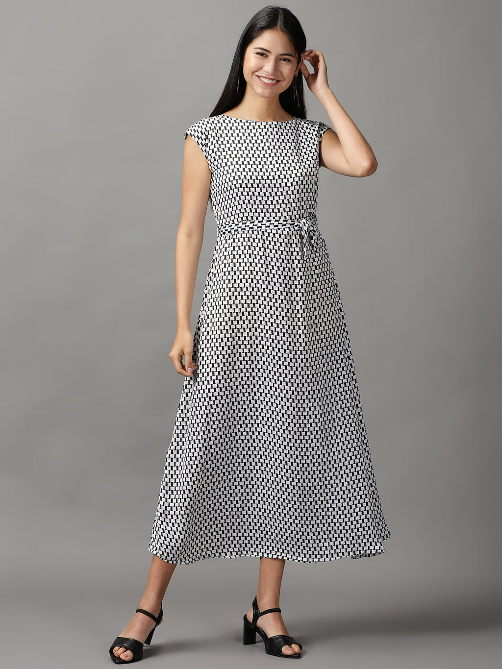 Women's White Geometrical Chiffon Fit & Flare Dress