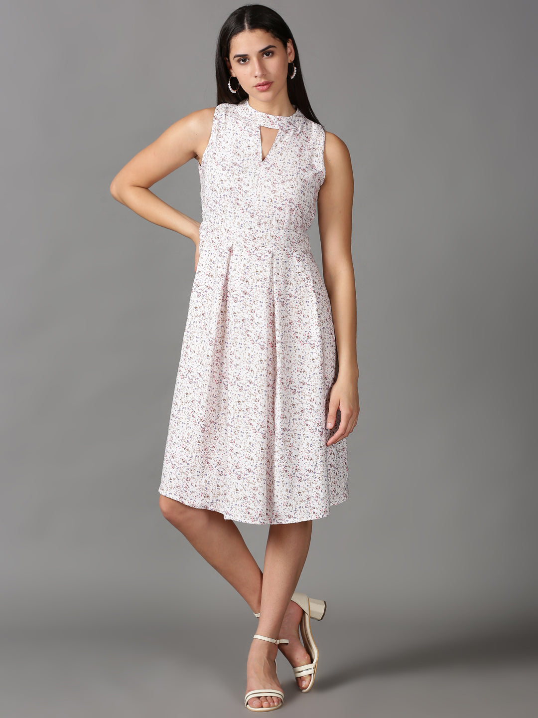 Women's White Floral Fit & Flare Dress