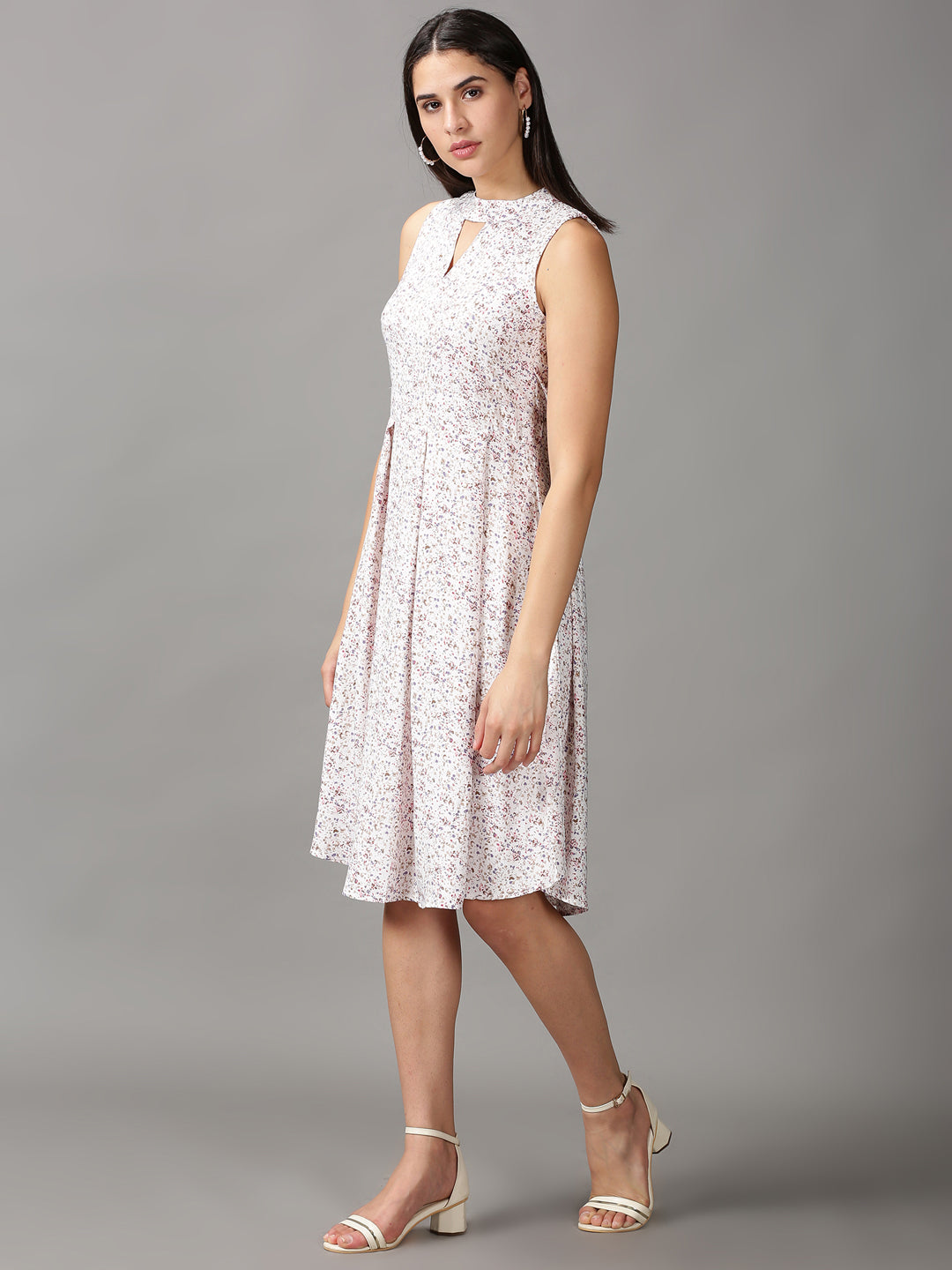 Women's White Floral Fit & Flare Dress