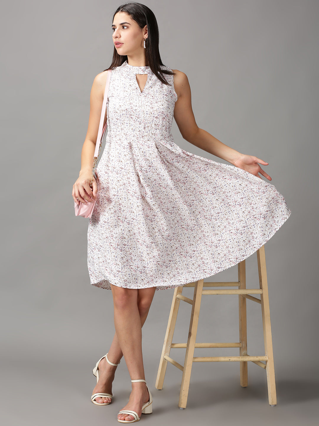 Women's White Floral Fit & Flare Dress