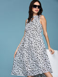 Women's White Keyhole Neck Geometrical Fit & Flare Dress