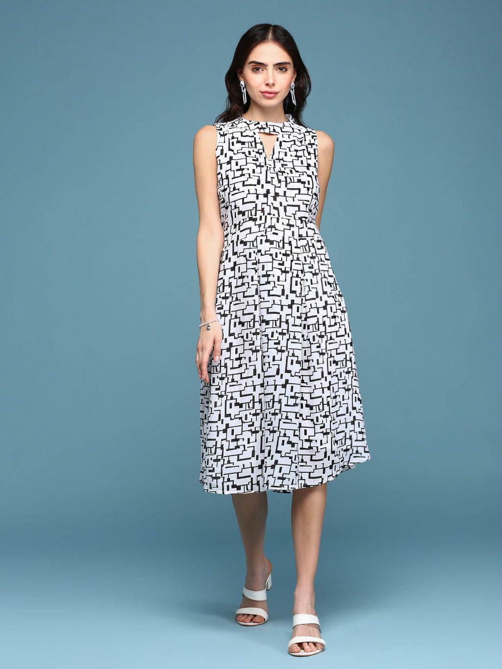 Women's White Keyhole Neck Geometrical Fit & Flare Dress