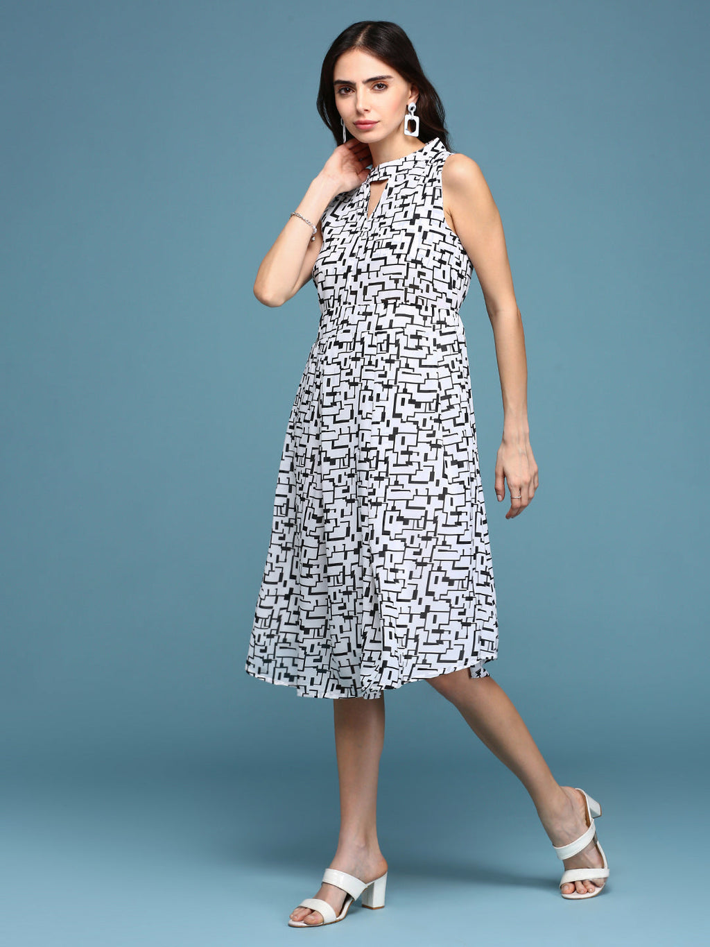 Women's White Keyhole Neck Geometrical Fit & Flare Dress