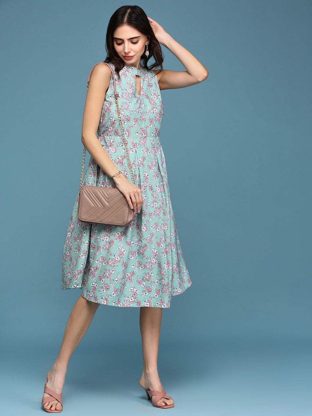 Women's Sea Green Floral Keyhole Neck A-Line Dress
