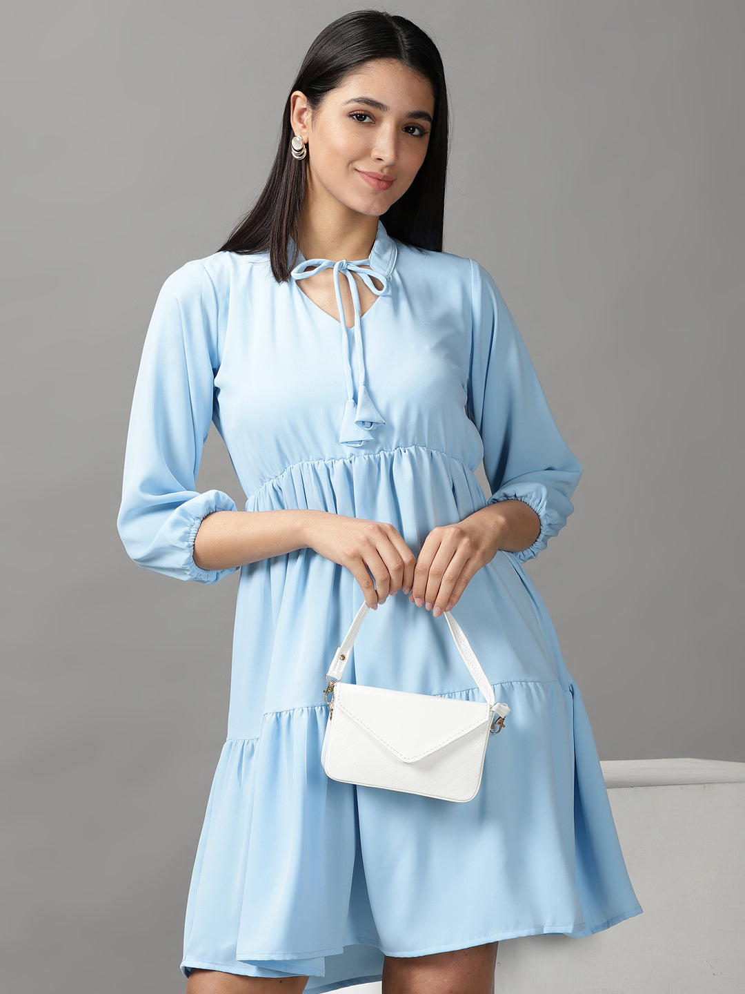 Women's Blue Fit & Flare Layered Dress