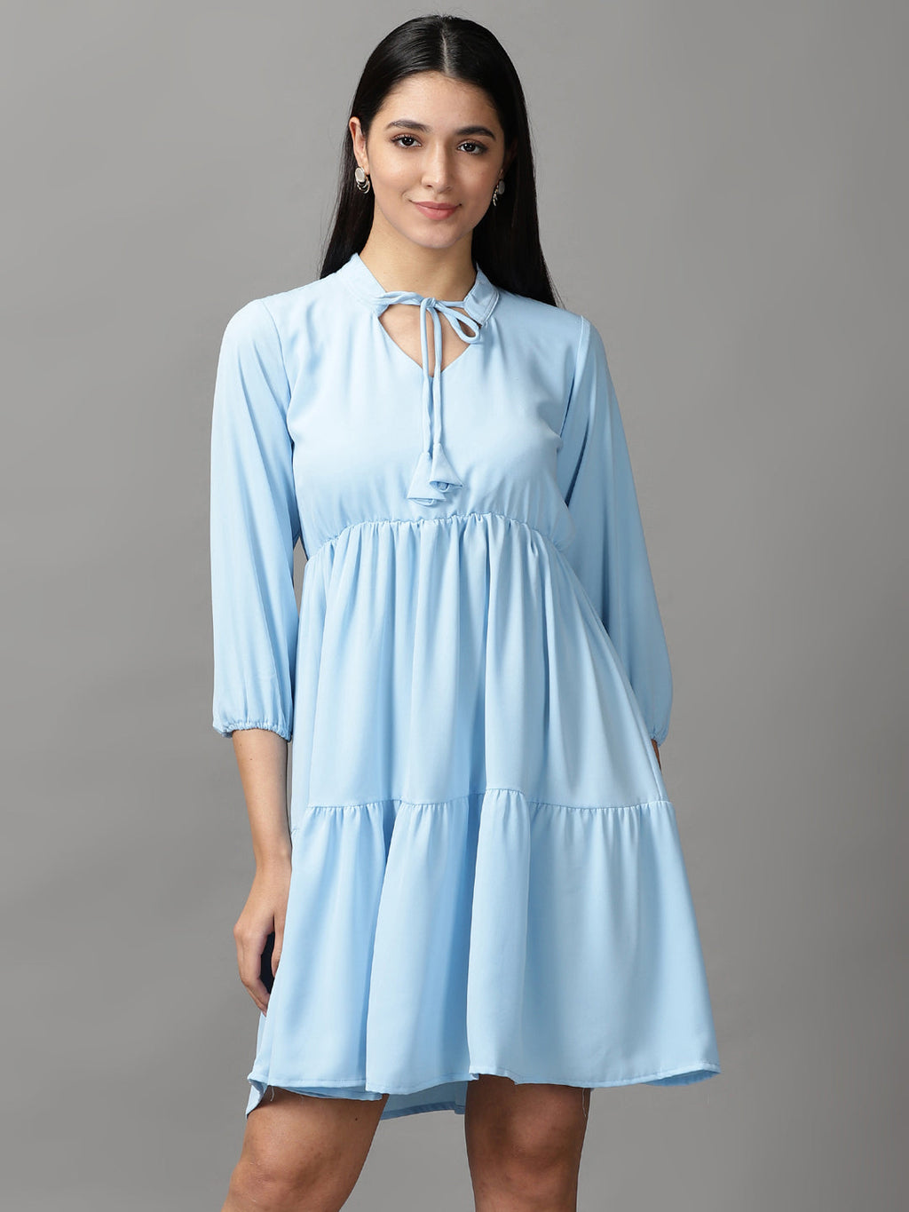 Women's Blue Fit & Flare Layered Dress