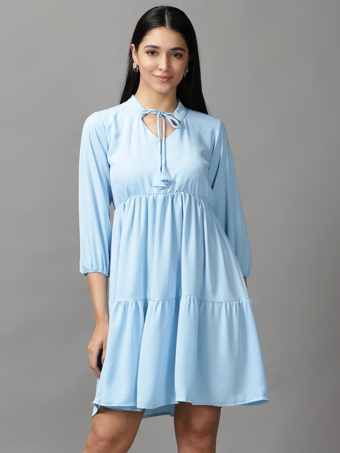 Women's Blue Fit & Flare Layered Dress
