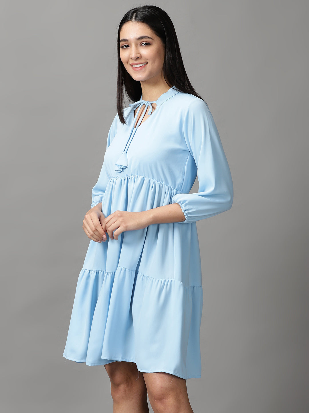 Women's Blue Fit & Flare Layered Dress