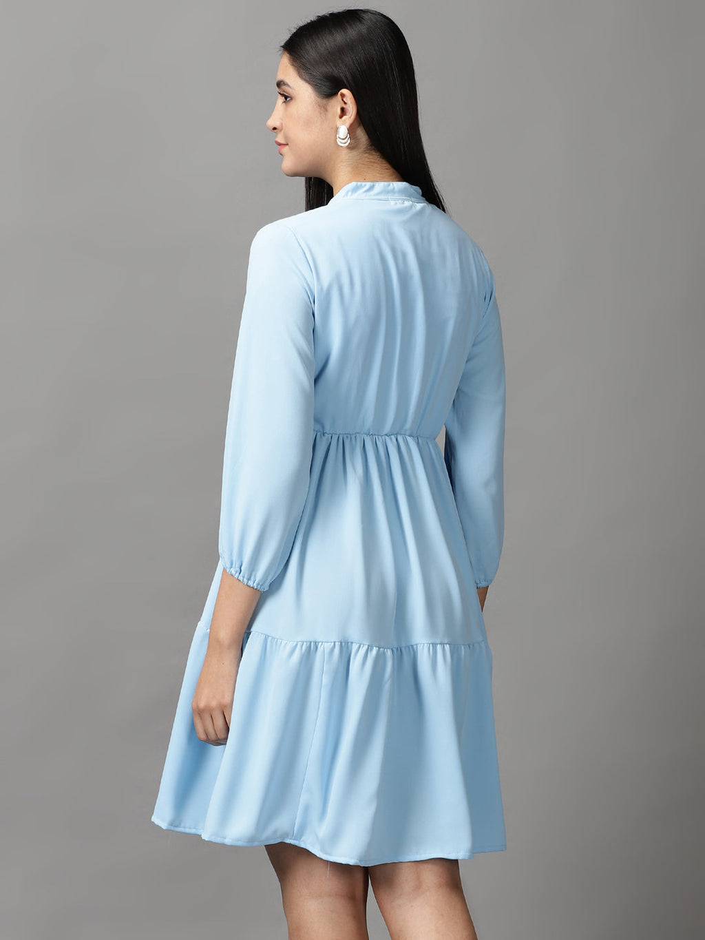 Women's Blue Fit & Flare Layered Dress