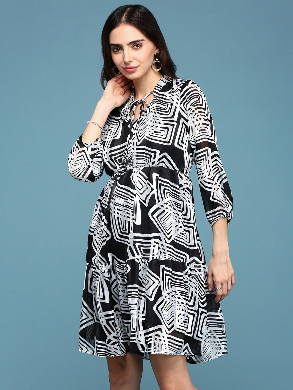 Women's Black Tie-Up Neck Satin Fit & Flare Dress