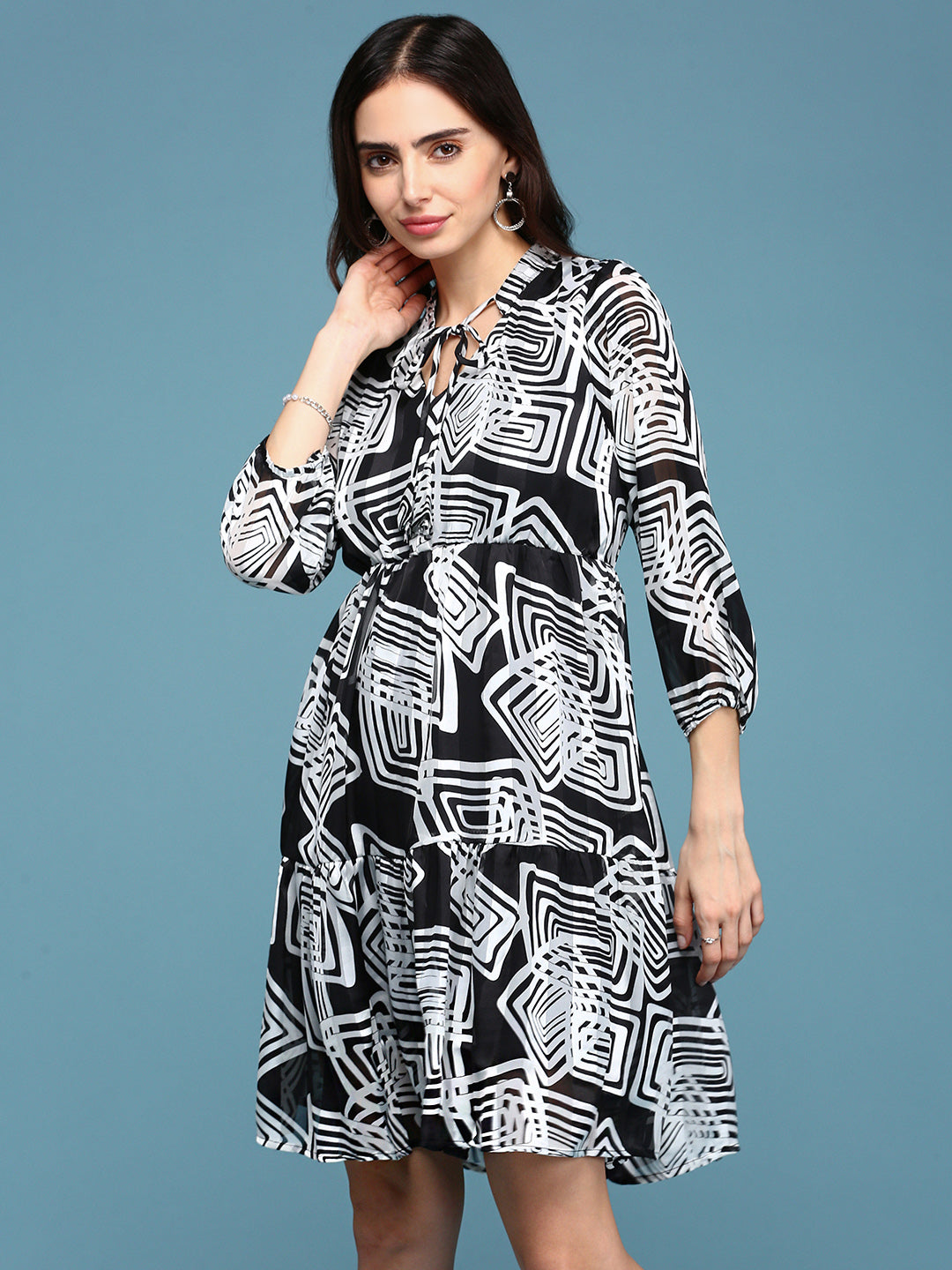 Women's Black Tie-Up Neck Satin Fit & Flare Dress