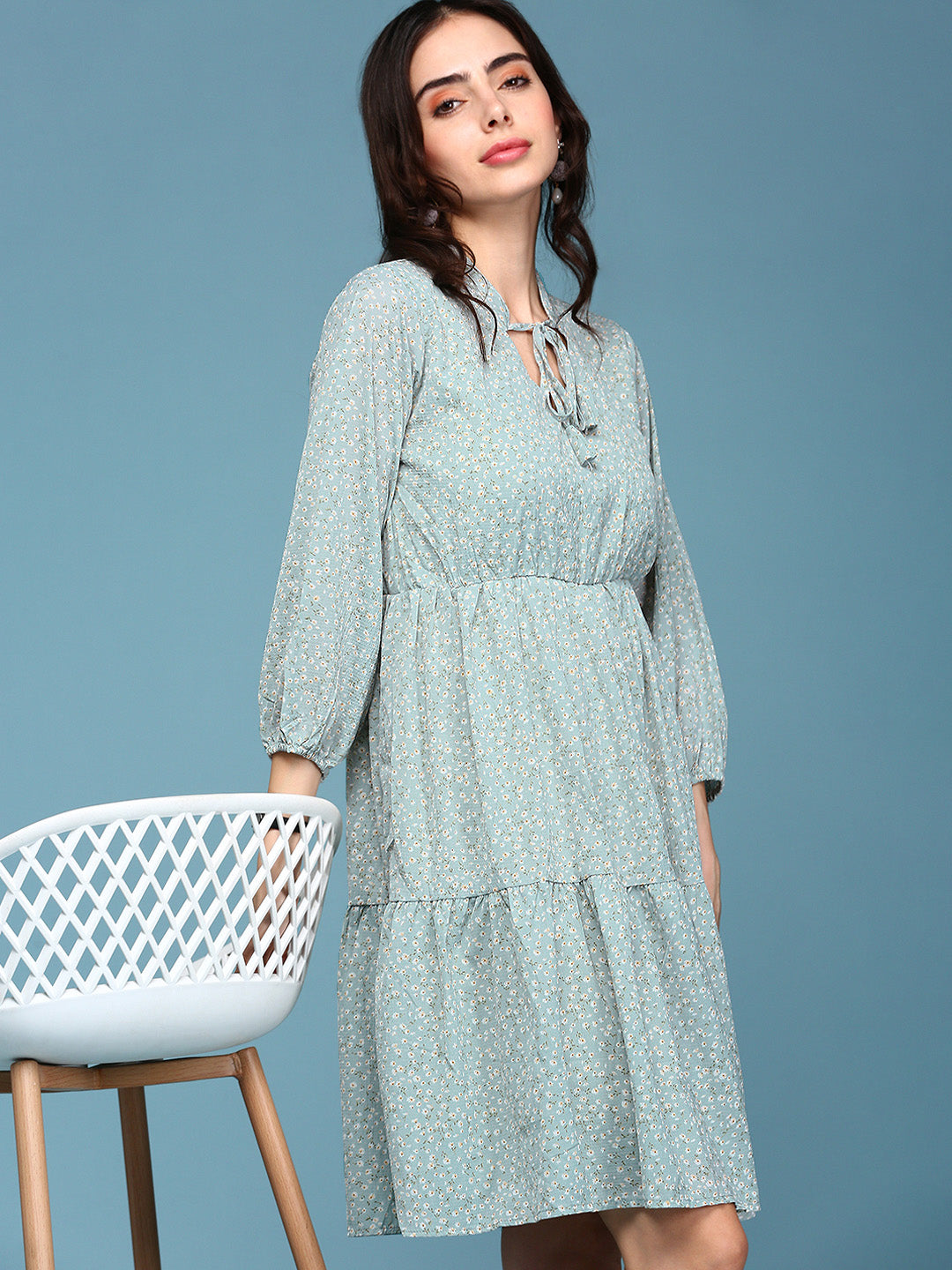 Women's Sea Green Floral Chiffon Fit & Flare Dress