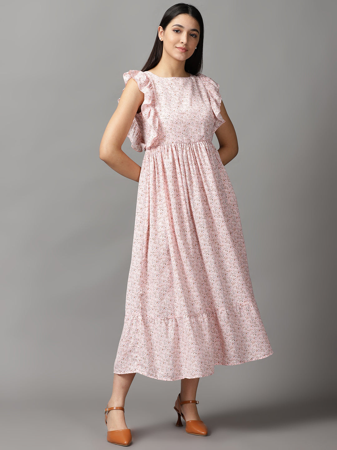Women's Pink Floral Chiffon Fit & Flare Dress