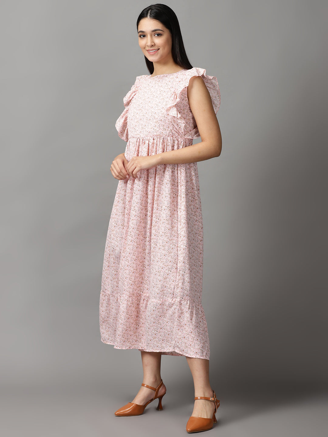 Women's Pink Floral Chiffon Fit & Flare Dress