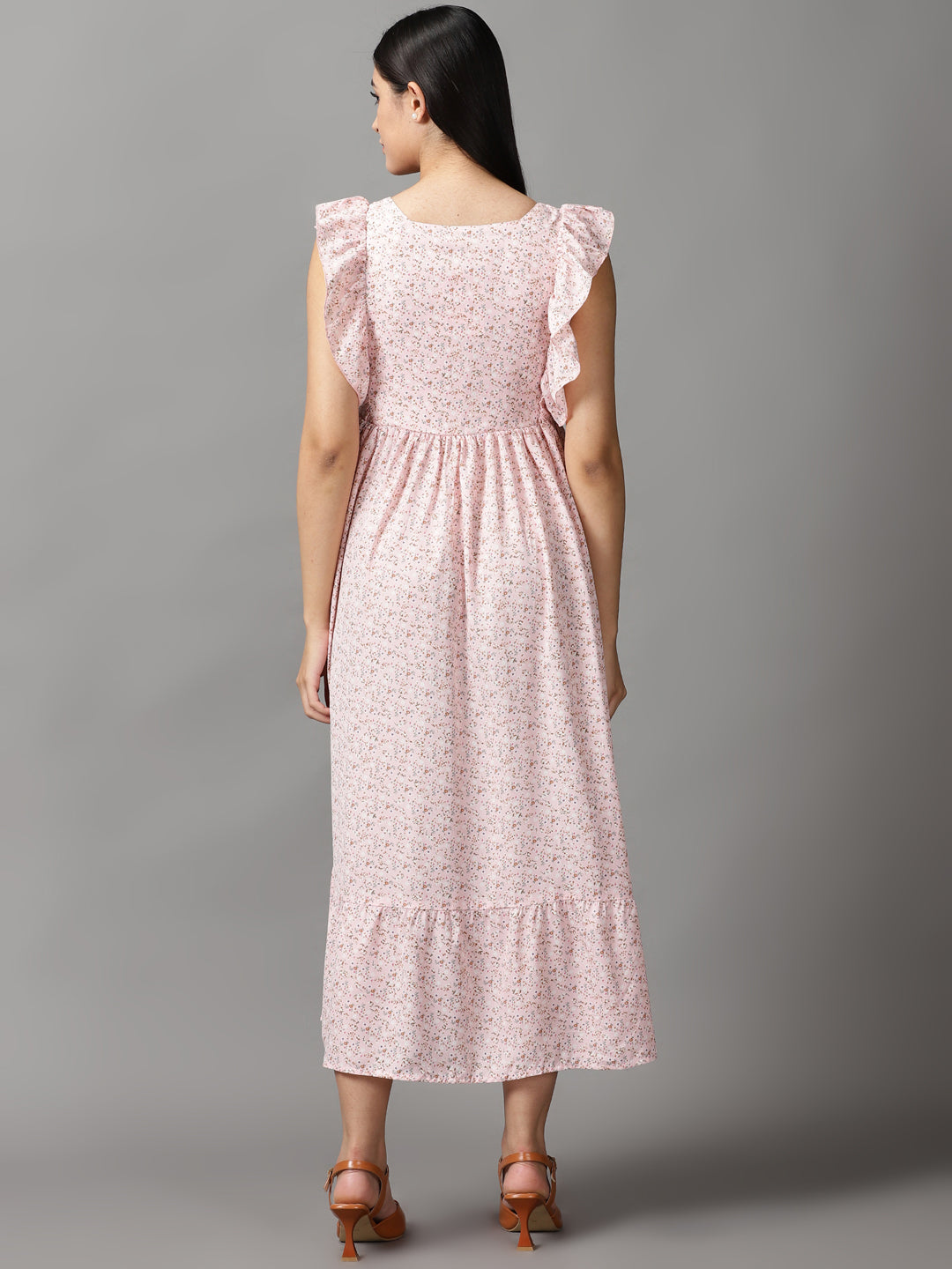 Women's Pink Floral Chiffon Fit & Flare Dress