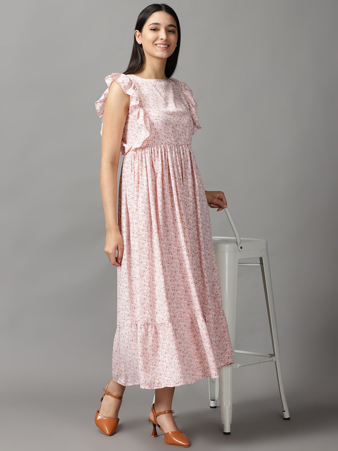 Women's Pink Floral Chiffon Fit & Flare Dress