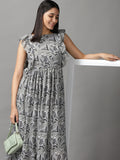Women's Olive Geometrical Chiffon Fit and Flare Dress