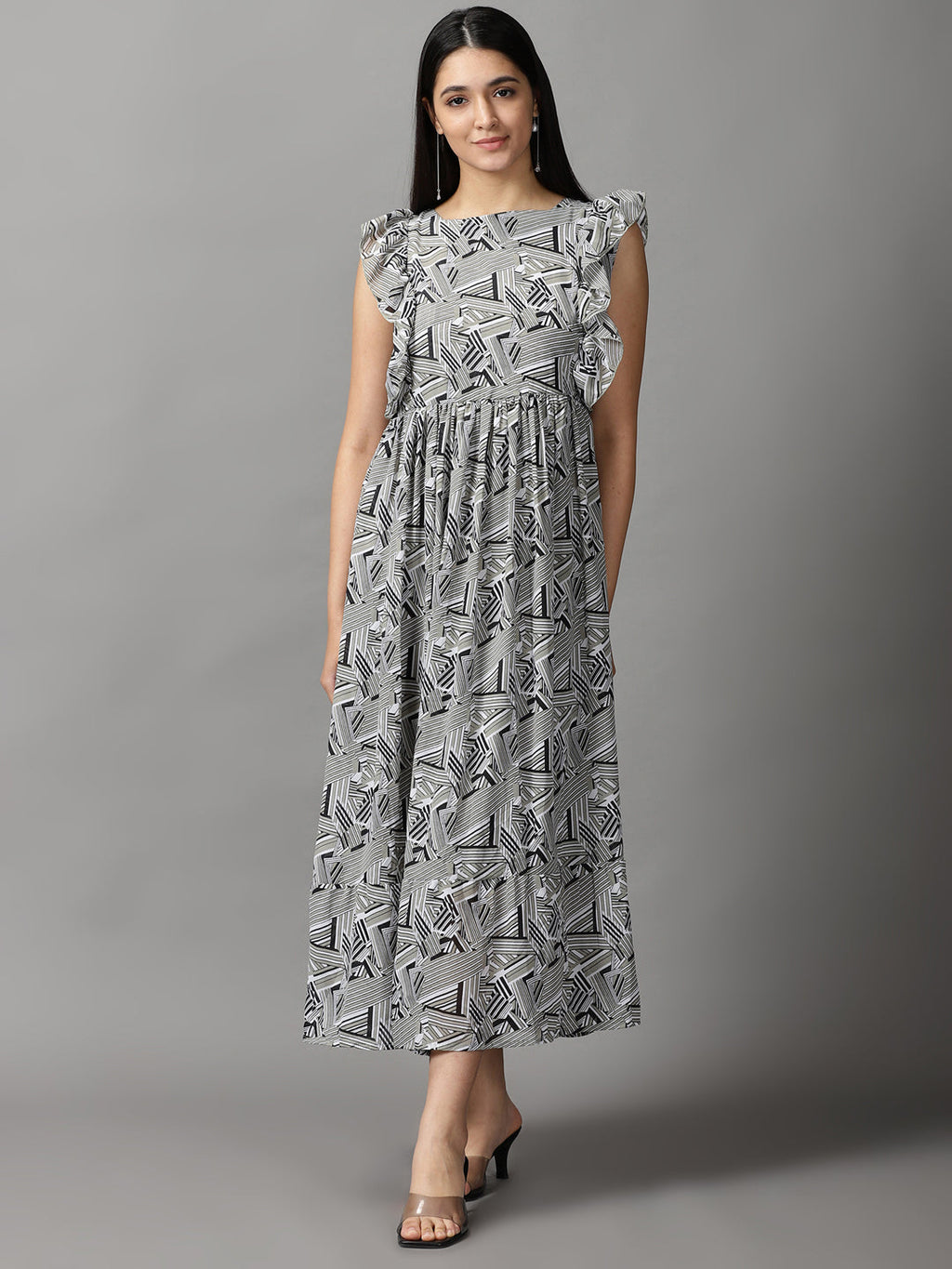 Women's Olive Geometrical Chiffon Fit and Flare Dress