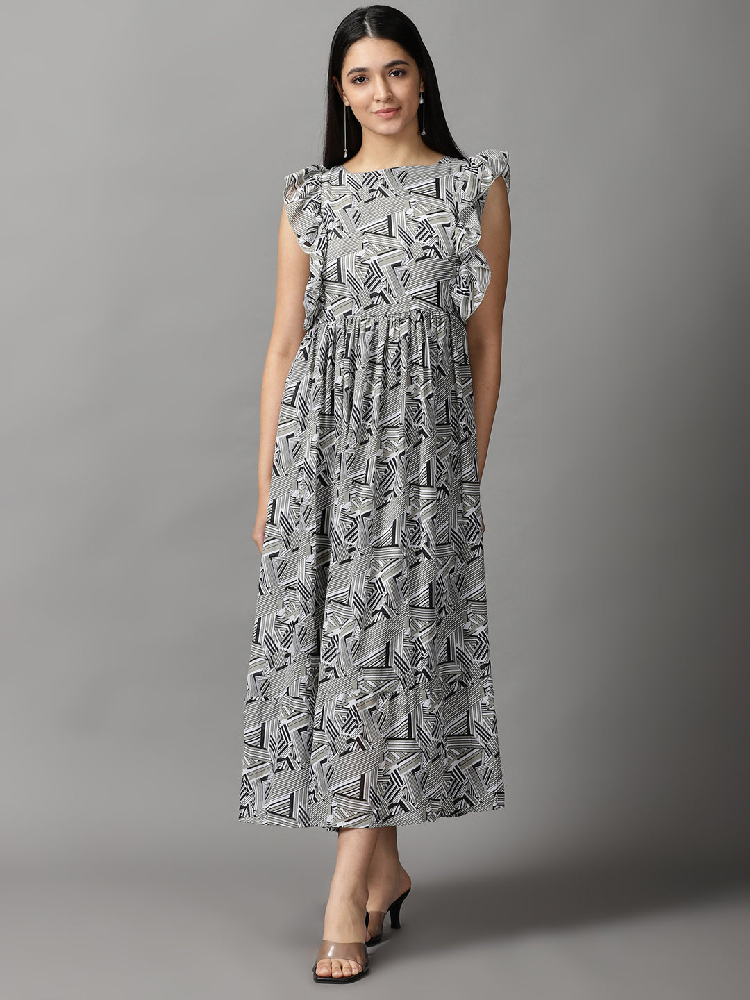 Women's Olive Geometrical Chiffon Fit and Flare Dress