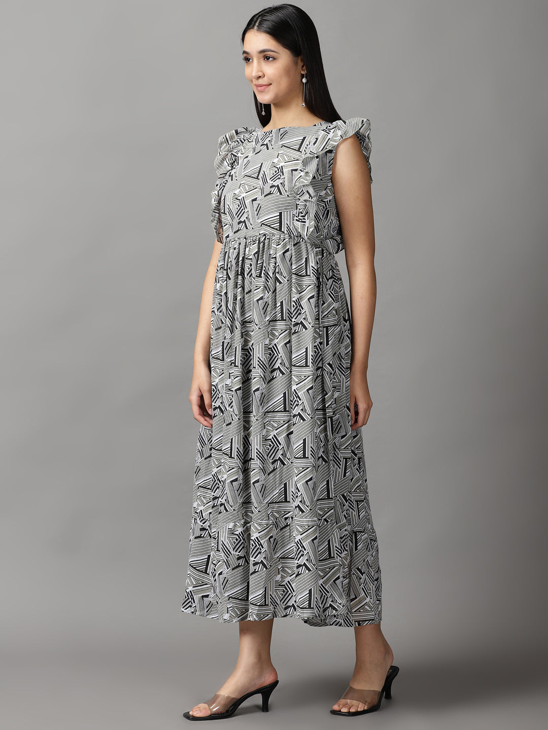 Women's Olive Geometrical Chiffon Fit and Flare Dress