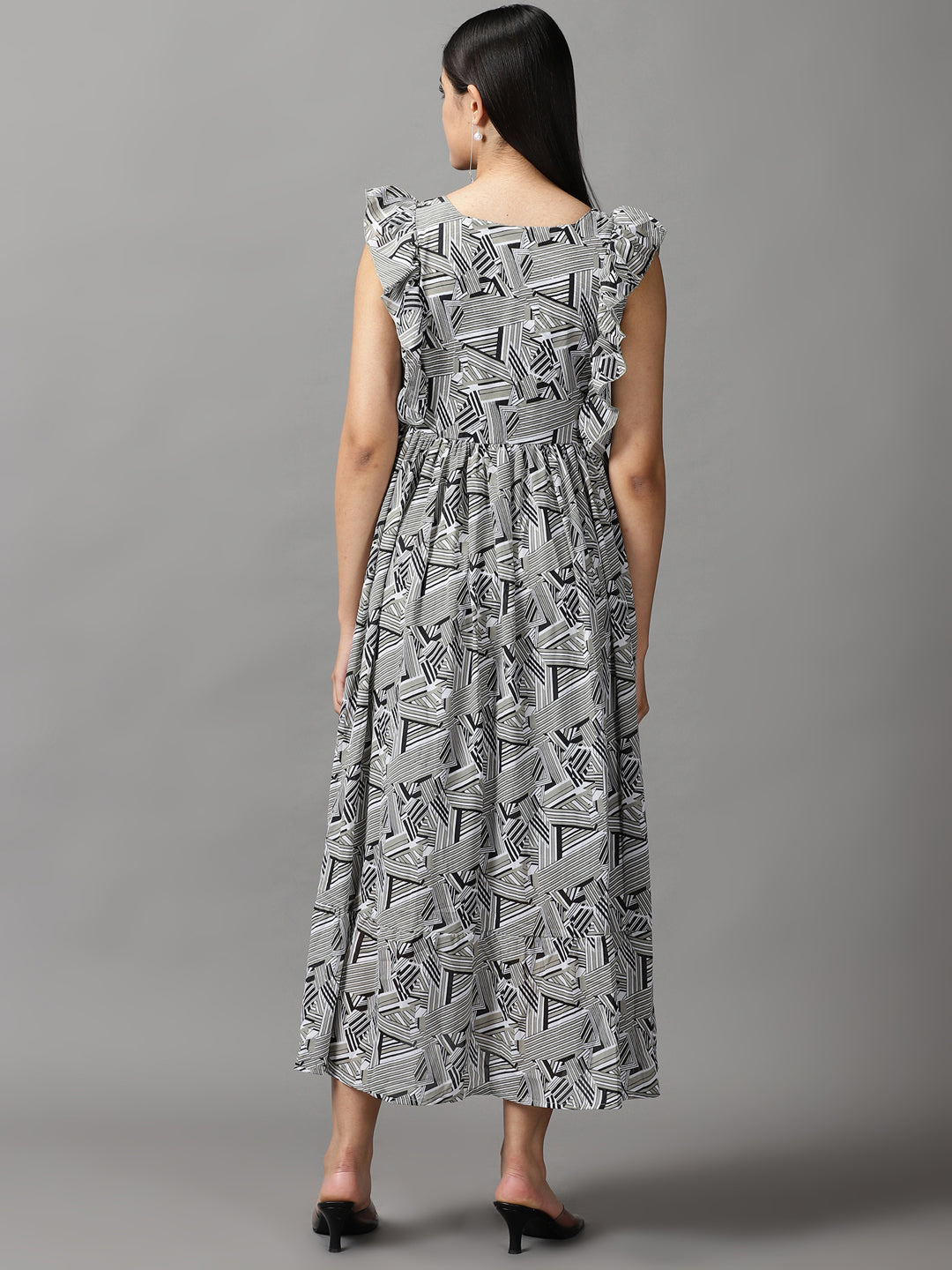 Women's Olive Geometrical Chiffon Fit and Flare Dress
