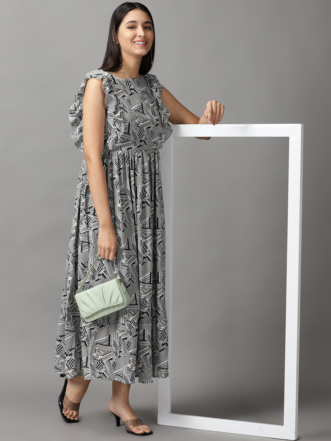 Women's Olive Geometrical Chiffon Fit and Flare Dress