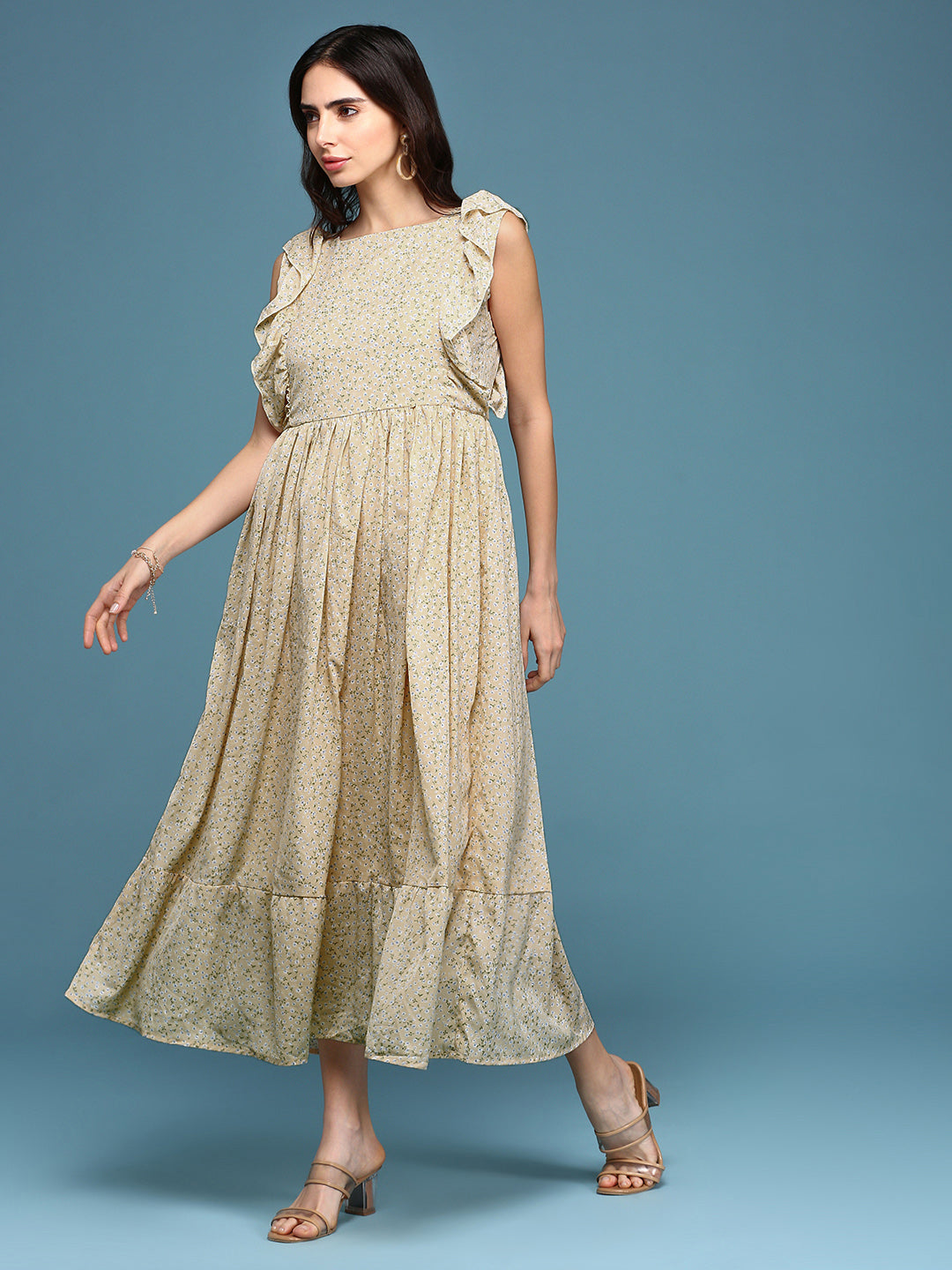 Women's Yellow Chiffon Fit & Flare Dress