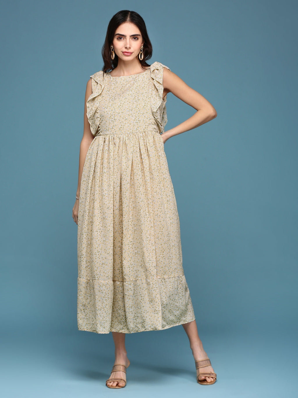 Women's Yellow Chiffon Fit & Flare Dress